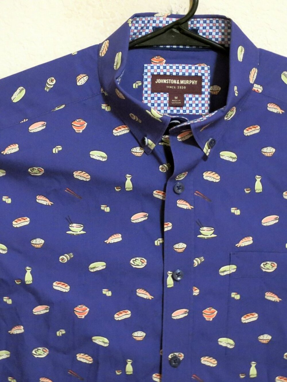 Johnston & Murphy Shirt Mens Medium Short Sleeve Button Blue Food Print